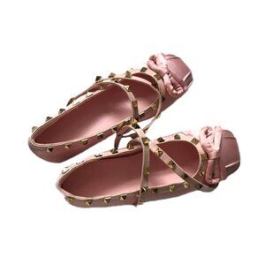 Pink Rockstud Bow Detailed Ankle Strap Ballet Flat
